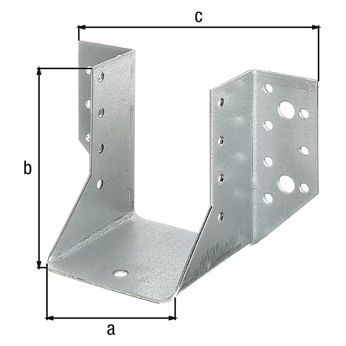 Stabilit Soporte para vigas - L x An x Al: 70 x 140 x 95 mm, Acero, Zincado - Soporte para viga de acero galvanizado con orificios pretaladrados, indicando sus dimensiones clave.