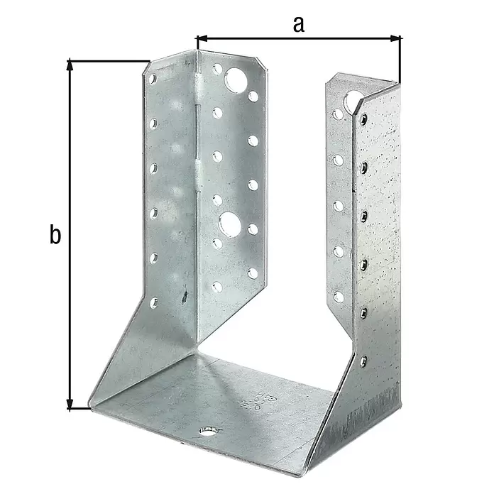 Stabilit Soporte para vigas - An x Al: 100 x 140 mm, Acero, Zincado - Conector de viga en U de acero galvanizado con orificios preperforados, mostrando dimensiones 'a' y 'b'.