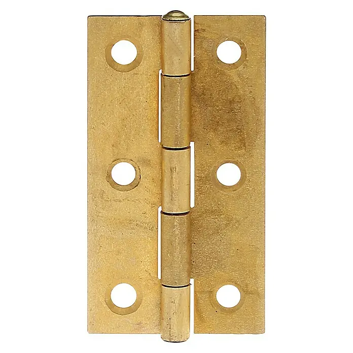 Stabilit Bisagra - L x An: 64 x 34 mm, Latón - Primer plano de una bisagra de puerta dorada con cabeza redondeada, colocada sobre un fondo negro para resaltar sus detalles.