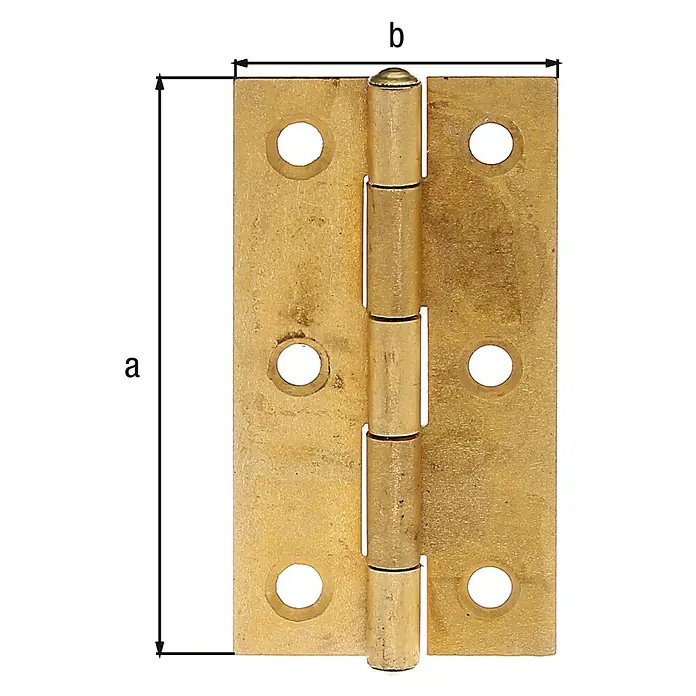 Stabilit Bisagra - L x An: 64 x 34 mm, Latón - Imagen de una bisagra de latón pulido con dimensiones visibles, ideal para muebles y puertas.