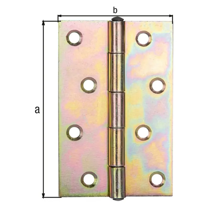 Stabilit Bisagra - L x An: 100 x 72 mm - Primer plano de una bisagra de puerta con un brillo amarillento, etiquetada con las letras 'a' para la longitud y 'b' para el ancho.