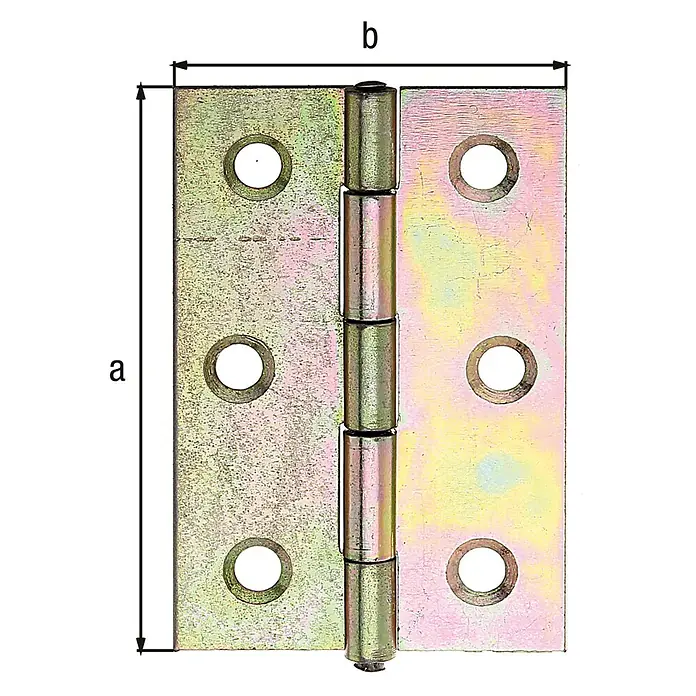 Stabilit Bisagra - L x An: 60 x 46 mm - Imagen de una bisagra de puerta cincada en amarillo con dimensiones a y b.