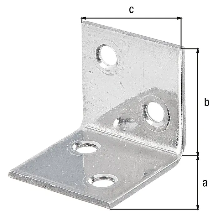Stabilit Conector en ángulo - L x An x Al: 30 x 30 x 30 mm, Acero inoxidable - Imagen del producto de un soporte angular con las dimensiones a, b y c, mostrado en una vista isométrica sobre un fondo negro.