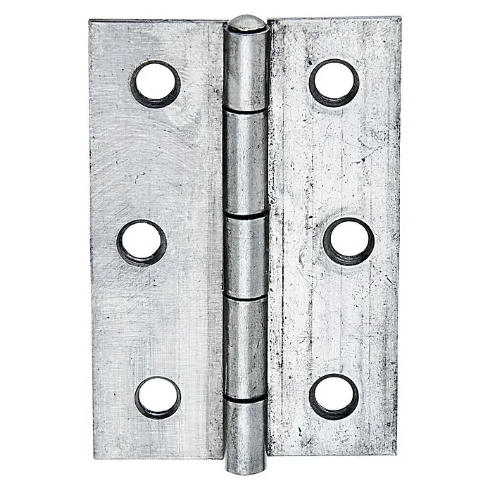 Stabilit Bisagra - L x An: 63 x 43 mm, Acero inoxidable - Primer plano de una bisagra de puerta plateada con orificios perforados.
