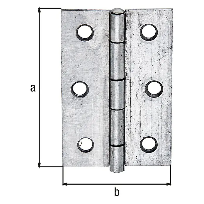 Stabilit Bisagra - L x An: 63 x 43 mm, Acero inoxidable - Primer plano de una bisagra de puerta con dimensiones visibles. La bisagra es de metal y muestra signos de uso.