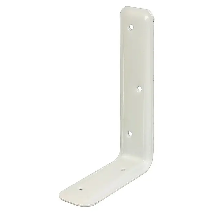 Alberts Escuadra de estantería - 100 x 160 x 40 mm, Acero - Esta imagen muestra un soporte angular blanco con bordes redondeados y agujeros perforados previamente para un montaje fácil, ideal para estanterías y muebles.