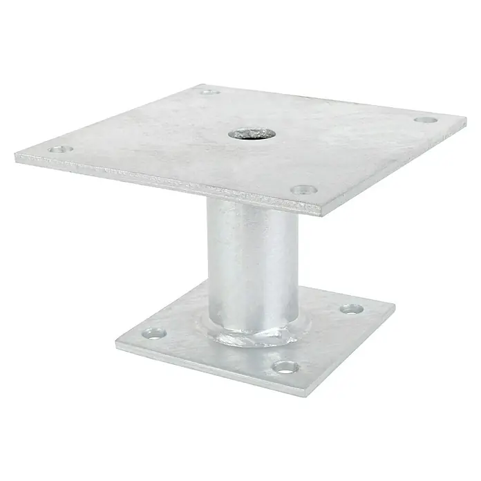 Alberts Base para poste - Altura: 100 mm, Acero - Soporte robusto de acero con base cuadrada y placa superior, ideal para proyectos de construcción y distribución de carga. Galvanizado.