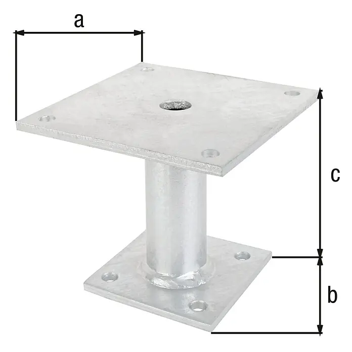 Alberts Base para poste - Altura: 100 mm, Acero - Vista del producto de un soporte de acero con placa base cuadrada y placa superior, etiquetado con a, b y c para indicar el tamaño.