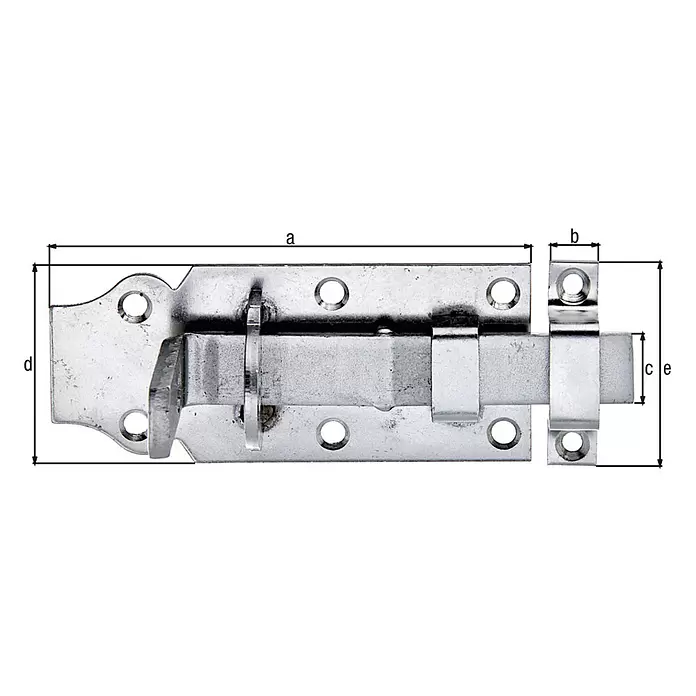 Alberts Pestillo - L x An: 100 x 45 mm, Acero inoxidable - Cerrojo corredero de metal plateado con cuerpo principal y placa de cierre separada, con múltiples orificios de montaje.