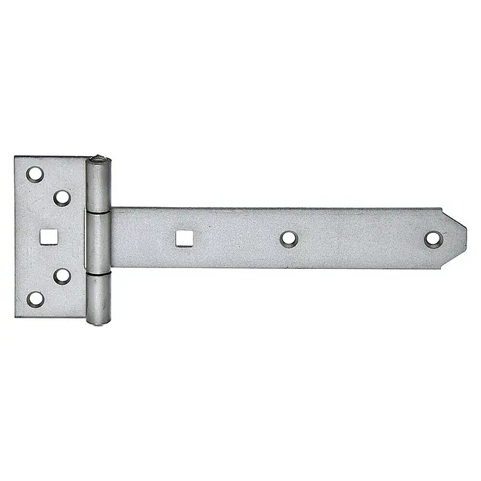 Alberts Bisagra - L x An: 191,5 x 92 mm, Acero inoxidable - Primer plano de una bisagra en T, un herraje robusto para puertas y portones, ideal para uso exterior y aplicaciones de alta resistencia.