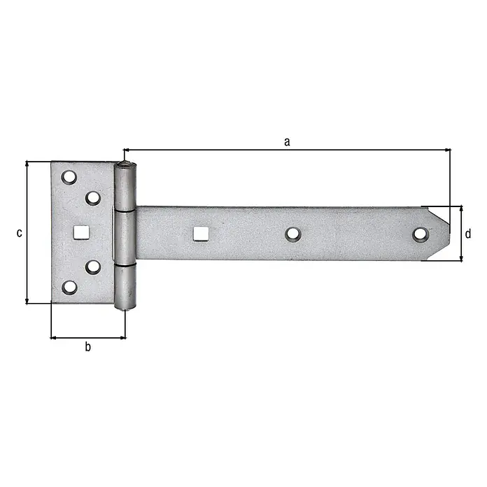 Alberts Bisagra - L x An: 191,5 x 92 mm, Acero inoxidable - Bisagra en T con medidas a, b, c y d, un herraje robusto para puertas y portones, ideal para exteriores y aplicaciones pesadas.
