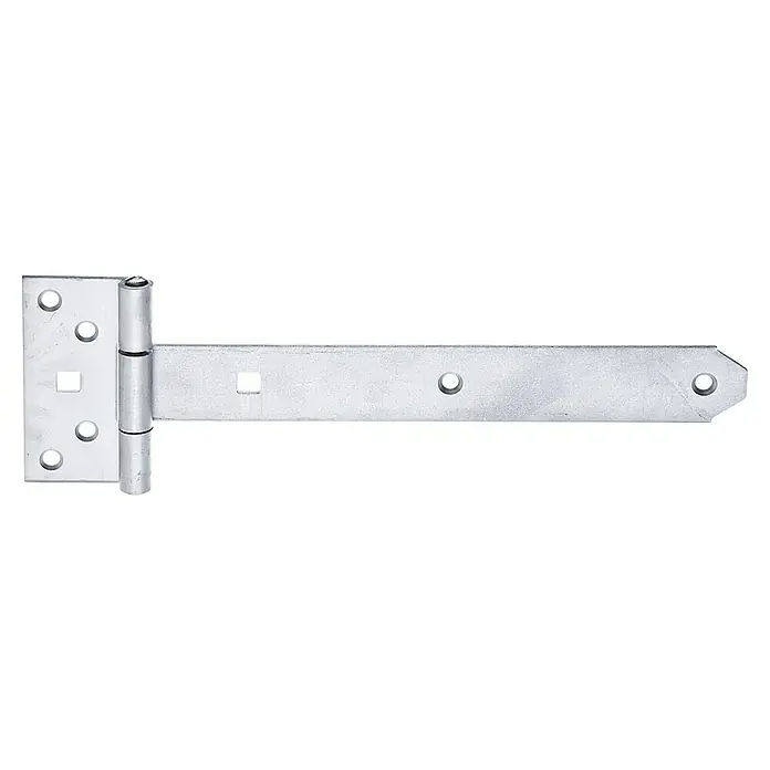 Alberts Bisagra - L x An: 242 x 92 mm, Acero inoxidable - Una bisagra plateada en forma de T con múltiples orificios para tornillos y un orificio cuadrado para sujetar a una puerta o portón.