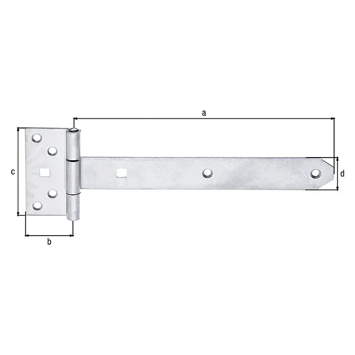 Alberts Bisagra - L x An: 242 x 92 mm, Acero inoxidable - Imagen de una bisagra en T con las dimensiones a, b, c y d, ideal para puertas y portones de madera.