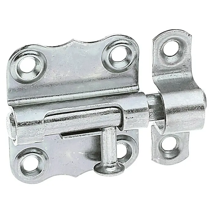 Alberts Pestillo - L x An: 50 x 35 mm, Zincado - Primer plano de un cerrojo de cañón metálico, comúnmente utilizado para asegurar puertas o ventanas, proporcionando estabilidad y seguridad.