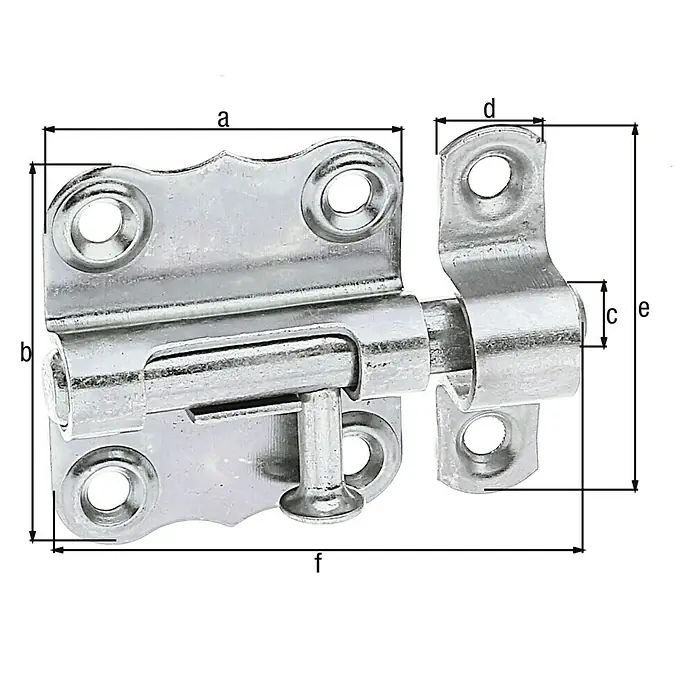 Alberts Pestillo - L x An: 50 x 35 mm, Zincado - Primer plano de un cerrojo cilíndrico plateado con dimensiones indicadas, para ilustrar su tamaño.