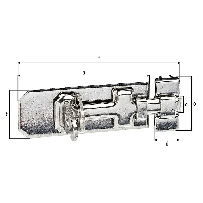 Alberts Pestillo - L x An: 100 x 40 mm, Acero inoxidable - Imagen de un cerrojo deslizante robusto de color plateado, que muestra las dimensiones a, b, c, d, e y f. Ideal para fijación segura.