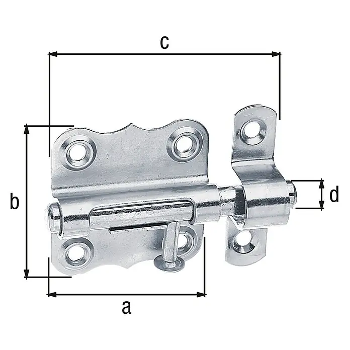 Alberts Pestillo - L x An: 61 x 38 mm, Acero inoxidable - Imagen de un pestillo plateado con indicadores de dimensiones.