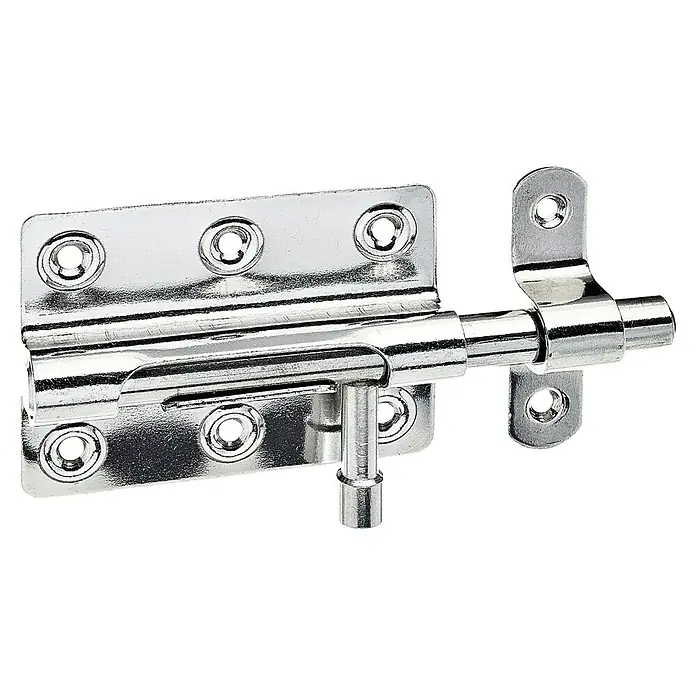 Alberts Pestillo - L x An: 122 x 59 mm, Acero inoxidable - Un pestillo de cañón plateado brillante con seis orificios para tornillos y cierre de cerrojo. Ideal para asegurar puertas.