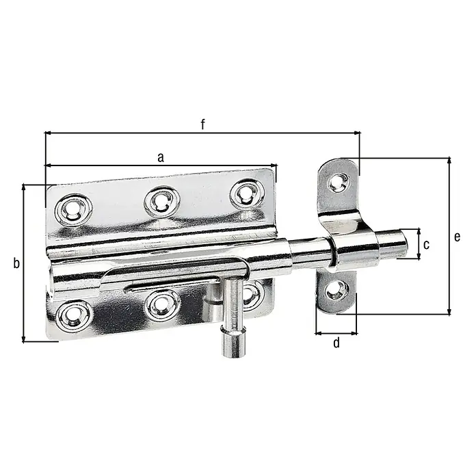 Alberts Pestillo - L x An: 122 x 59 mm, Acero inoxidable - Imagen de un cerrojo de puerta de metal brillante que muestra las dimensiones a, b, c, d, e y f.