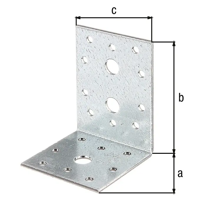 Alberts Conector en ángulo - L x An x Al: 60 x 80 x 60 mm, Zincado - Soporte de ángulo metálico con varios orificios y las etiquetas a, b y c para describir las dimensiones.