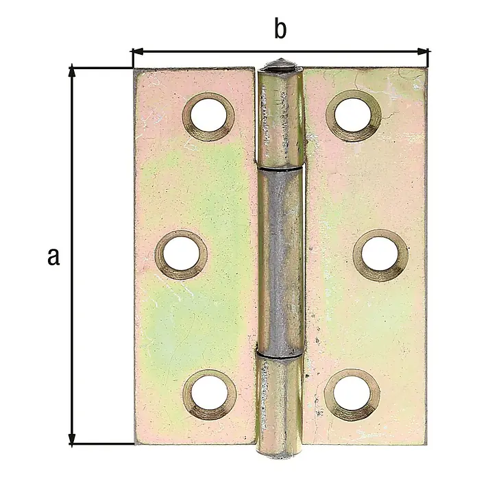 Alberts Bisagra - L x An: 51 x 37 mm - Imagen de una bisagra de puerta con las dimensiones a y b. La bisagra es de metal y tiene un color dorado.