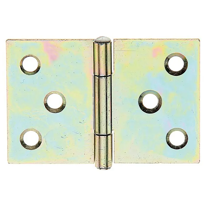 Alberts Bisagra - An x Al: 60 x 40 mm, Zincado - Primer plano de una bisagra brillante de color dorado con seis orificios para el montaje. Una bisagra robusta para una instalación fiable.