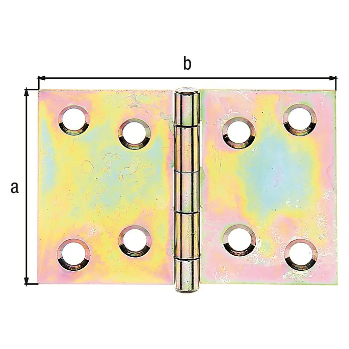 Alberts Bisagra - An x Al: 75 x 50 mm, Zincado - En la imagen se muestra una bisagra de puerta de aspecto dorado con orificios para tornillos visibles y las dimensiones a y b para la descripción del producto.