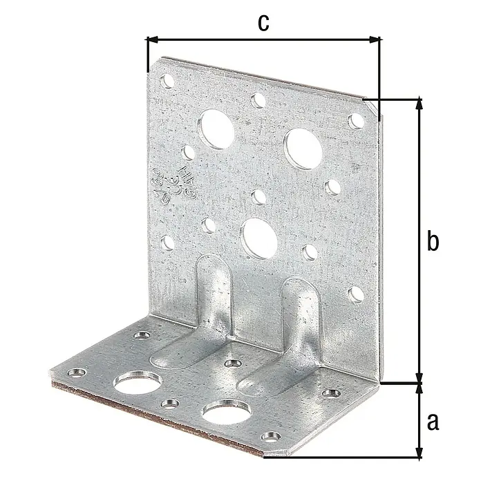 Alberts Escuadra para cargas pesadas - L x An x Al: 90 x 50 x 80 mm, Acero, Zincado - Imagen de una construcción con escuadra con las dimensiones a, b y c, destacando las medidas del conector.\n