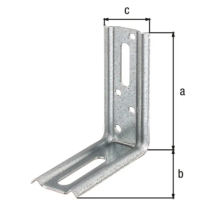 Alberts Escuadra regulable - L x An x Al: 70 x 30 x 80 mm - Imagen de un soporte angular galvanizado, con detalles dimensionales que indican longitud, altura y anchura.