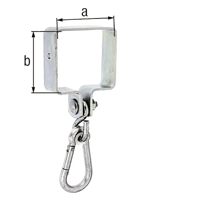 Alberts Sujeción para columpios - Específico para: Postes de columpio cuadrados - Imagen del producto de un soporte de techo con un mosquetón para la fijación segura de hamacas o columpios.