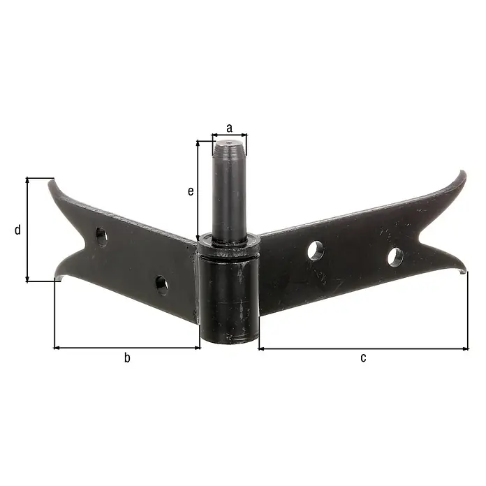 Alberts Gozne de puerta - L x An: 140 x 120 mm, Negro - En la imagen se muestra una bisagra en T negra con las dimensiones a, b, c, d y e.