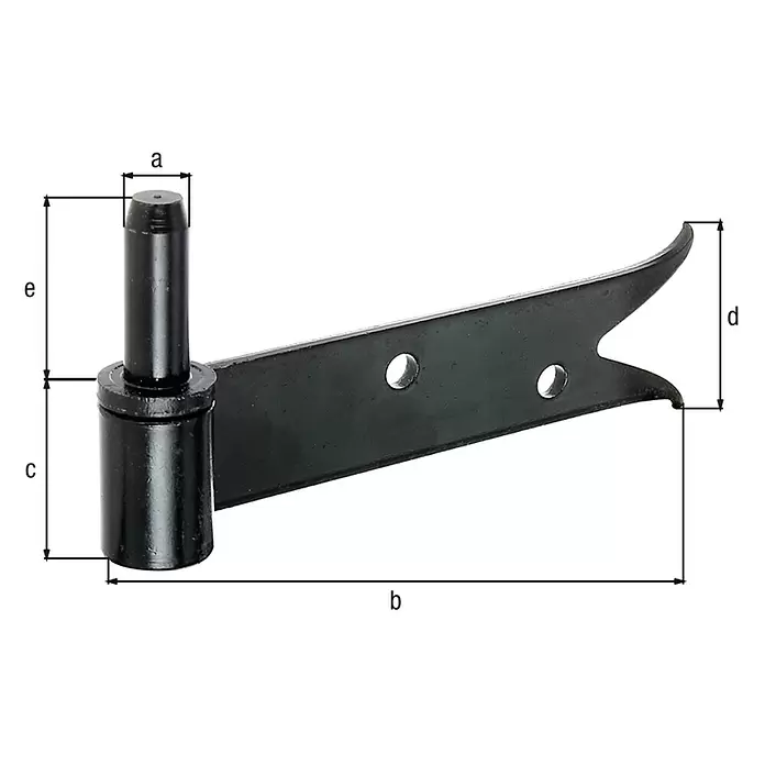 Alberts Gozne de puerta - Largo: 160 mm, Diámetro de agujero: 14 mm - Bisagra de puerta de metal negro con un pasador, mostrando las dimensiones a, b, c, d, e.