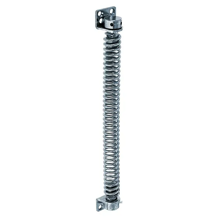Alberts Muelle - Largo: 280 mm, Acero, Zincado - La imagen muestra un cierrapuertas plateado con resorte, utilizado para funciones de cierre automático. Ideal para varios tipos de puertas.