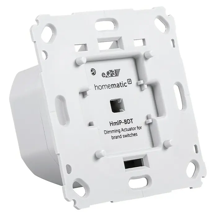 Homematic IP Phasenabschnittdimmer-Einsatz HmIP-BDT - 37 x 71 x 71 mm, Unterputz, 230 V - Nahaufnahme eines Homematic IP Dimmaktor für Markenschalter, der die innovative Technologie und Kompatibilität hervorhebt.