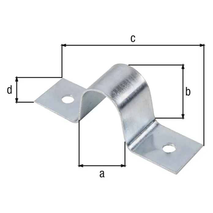Alberts Presilla - 69 x 18 mm, Acero - En la imagen se muestra una abrazadera metálica con dimensiones a, b, c y d para la instalación. El producto es metálico.