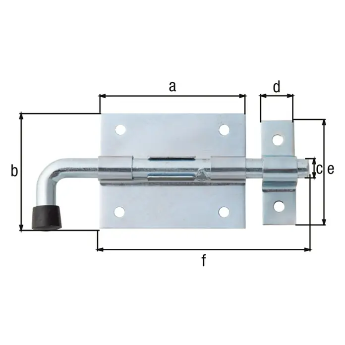 Alberts Pestillo con pasador - L x An: 130 x 57 mm, Zincado - Ilustración de un cerrojo con varias medidas, ideal para la visualización detallada del producto.