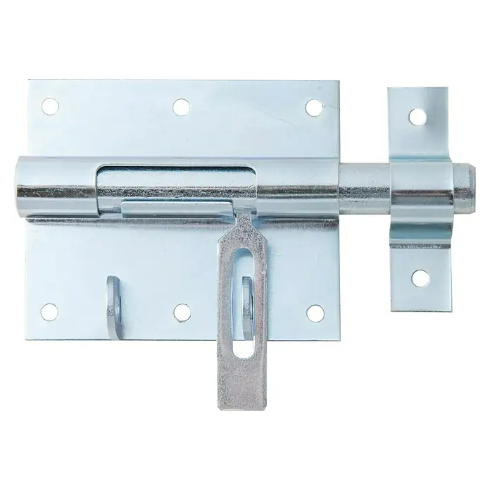 Alberts Pestillo con bloqueo portacandados - L x An: 160 x 100 mm, Zincado - Un cerrojo deslizante plateado con placas de montaje y orificios para tornillos, ideal para puertas y portones.
