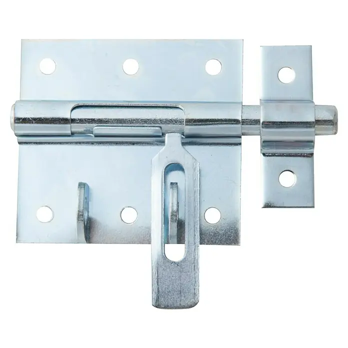 Alberts Pestillo con bloqueo portacandados - L x An: 100 x 66 mm, Zincado - Primer plano de un cerrojo de cañón de color plateado con orificios para el montaje en una puerta o ventana.