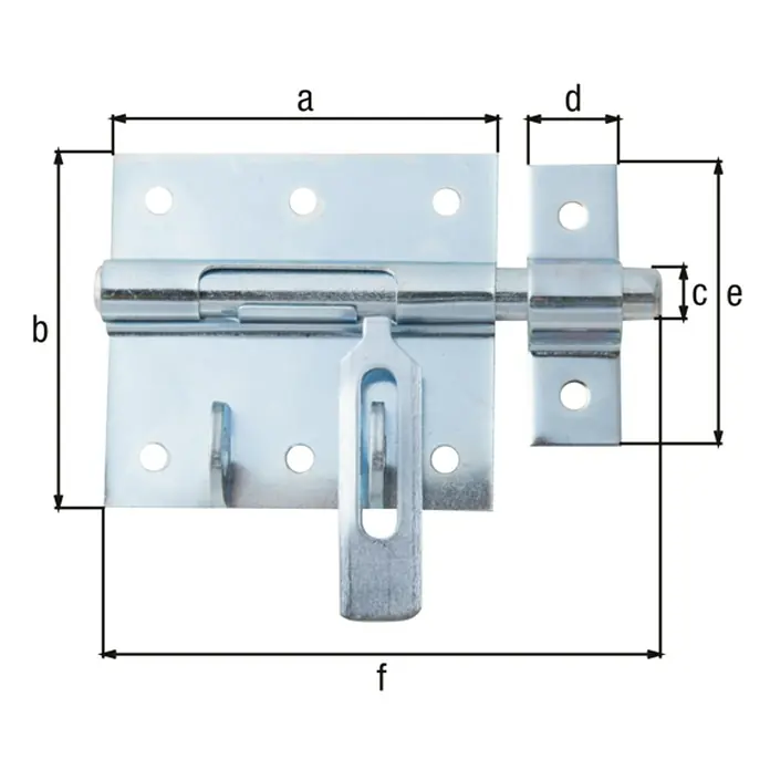 Alberts Pestillo con bloqueo portacandados - L x An: 100 x 66 mm, Zincado - Imagen de un cerrojo con las dimensiones a, b, c, d, e y f que indican las medidas del producto.