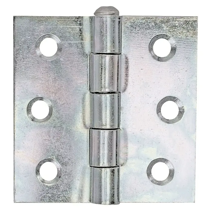 Alberts Bisagra - L x An: 63 x 63 mm, Acero, Zincado - Primer plano de una bisagra de puerta metálica robusta con seis orificios de montaje, ideal para instalaciones duraderas.