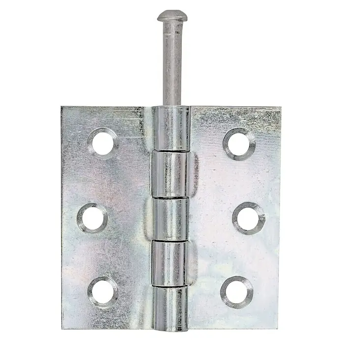 Alberts Bisagra - L x An: 63 x 63 mm, Acero, Zincado - Primer plano de una bisagra de puerta plateada brillante con un pasador visible y agujeros para tornillos, sobre un fondo negro.