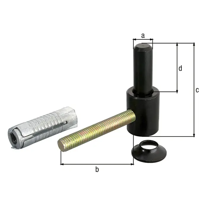 Alberts Gozne roscado - Largo: 65 mm, Diámetro mandril: 35 mm, Otros - Imagen del producto de un anclaje de perno con tornillo y accesorios relacionados, representado con etiquetas de dimensiones.