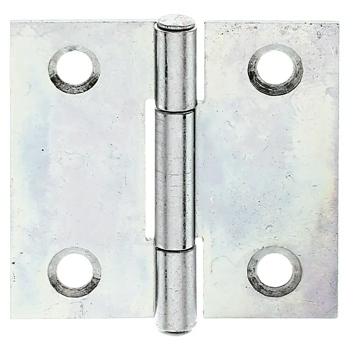 Alberts Bisagra - L x An: 31 x 31 mm, Acero, Zincado - Primer plano de una bisagra de puerta plateada con cuatro orificios para los tornillos sobre un fondo negro.