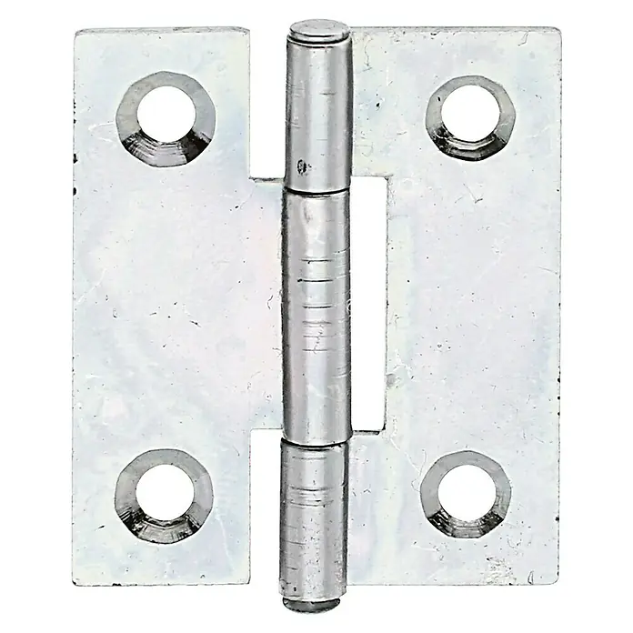 Alberts Bisagra - L x An: 31,5 x 25,8 mm, Acero, Zincado - Primer plano de una bisagra de puerta plateada con cuatro orificios para tornillos y un pasador en el centro.