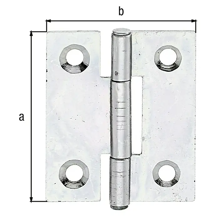 Alberts Bisagra - L x An: 31,5 x 25,8 mm, Acero, Zincado - Un primer plano de una bisagra metálica etiquetada con "a" y "b" para indicar las dimensiones.