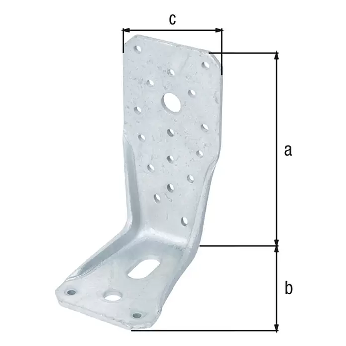 Stabilit Winkelverbinder - L x B x H: 85 x 65 x 135 mm, Stahl, Verzinkt - Verzinkter Stahlwinkel mit mehreren Löchern zur strukturellen Unterstützung, Maße gezeigt.
