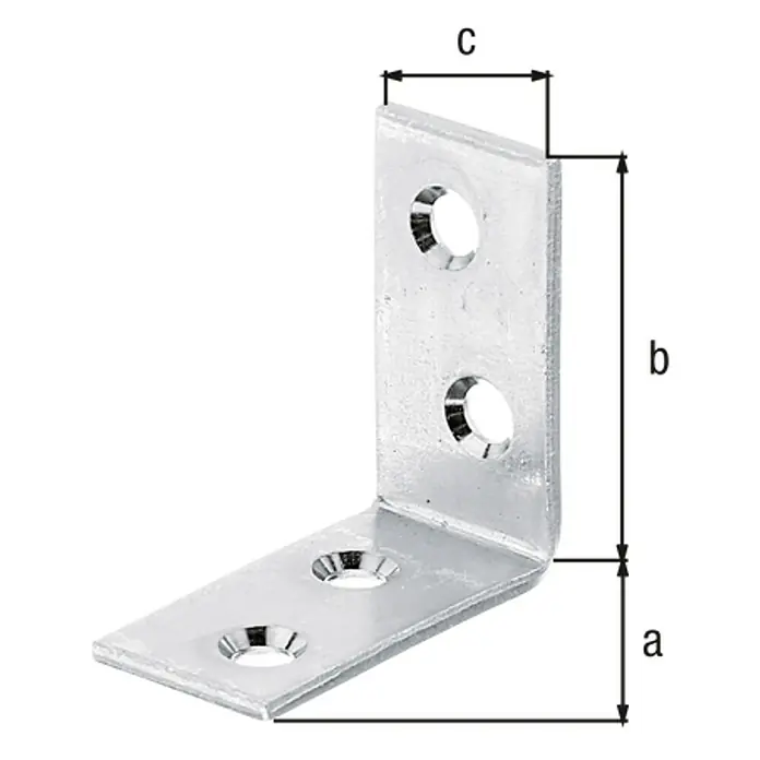Alberts Escuadra de silla - L x An: 30 x 30 mm, Acero, Zincado, Espesor: 14 mm - Un soporte de ángulo metálico brillante etiquetado con las dimensiones "a", "b" y "c" para una especificación clara del producto.