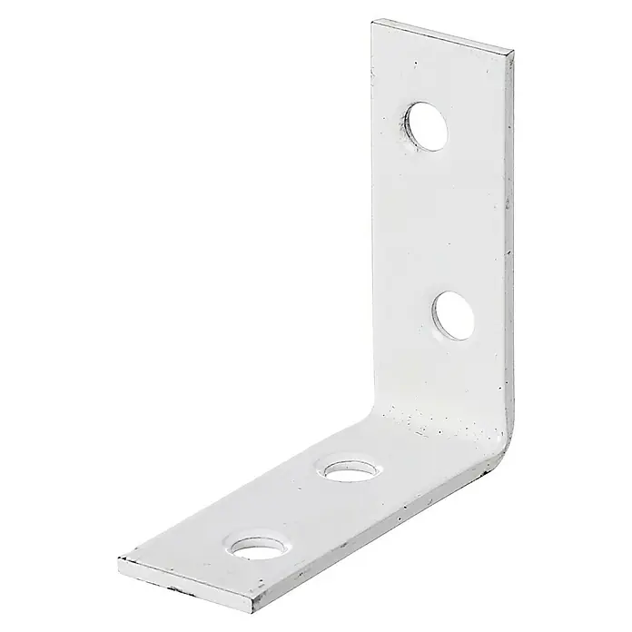 Alberts Escuadra de silla - L x An: 40 x 40 mm, Acero, Revestido, Espesor: 15 mm, Blanco - Un soporte de ángulo de metal pintado de blanco con orificios perforados para el montaje. Ideal para muebles y aplicaciones estructurales.