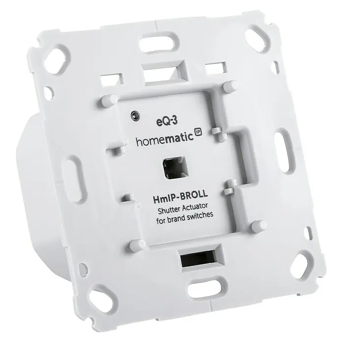 Homematic IP Rollladenschalter HmIP-BROLL-2 - Unterputz, 71 x 71 x 37 mm, Funk - Abgebildet ist ein Homematic IP HmIP-BROLL Jalousieaktor für Markenschalter, ein Gerät zur intelligenten Steuerung von Rollläden.
