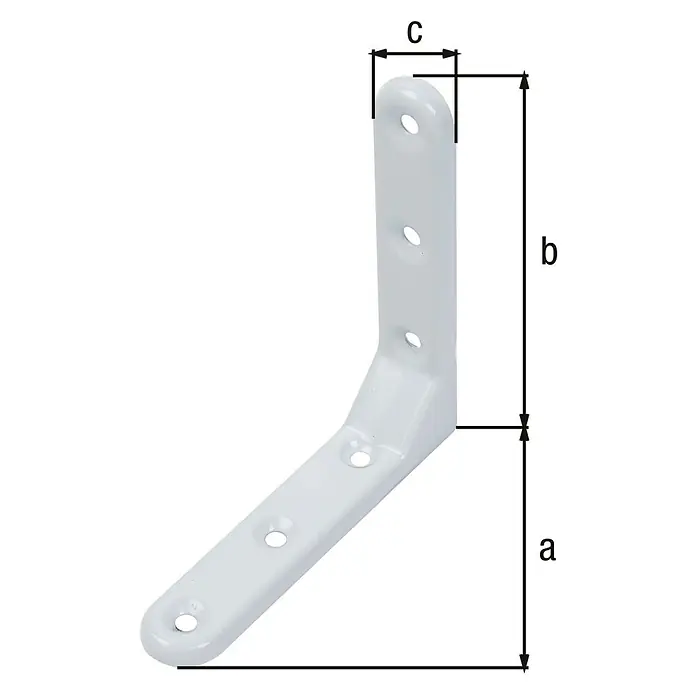 Alberts Escuadra de silla reforzada - L x An x Al: 103 x 103 x 21 mm - Escuadra de ángulo de acero, pintada de blanco, que muestra tres dimensiones (a, b, c) para las medidas de la escuadra.